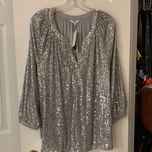 Women’s silver sequin peasant shirt V-neck size extra large by crown and ivy
